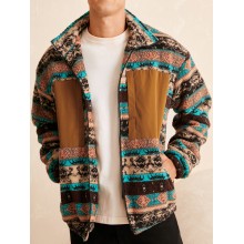 Men Ethnic Striped Fleece Patch Side Pockets Zipper Collar Jackets