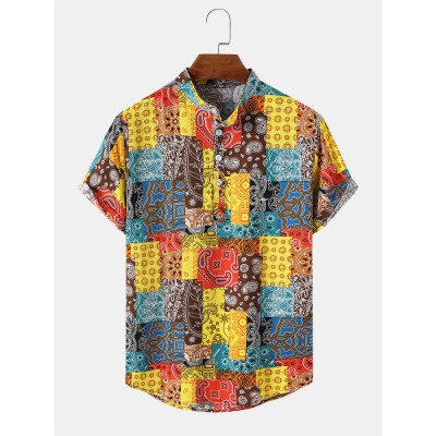 Mens Scarf Print Paisley Spliced Half Collar Short Sleeve Buttons Shirts