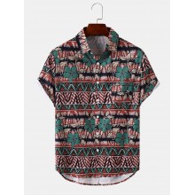 Mens Tribal Floral Print Pocket Hem Cuff Short Sleeve Shirts