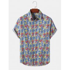 Mens Square Print Retro Short Sleeve Lapel Shirts