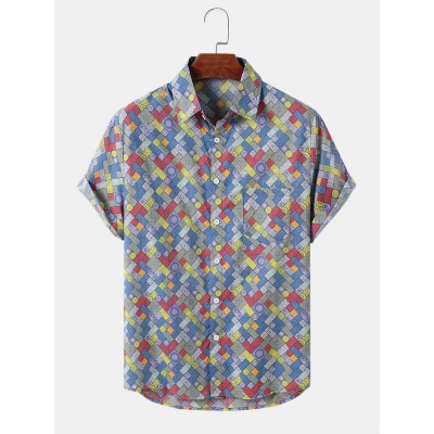 Mens Square Print Retro Short Sleeve Lapel Shirts