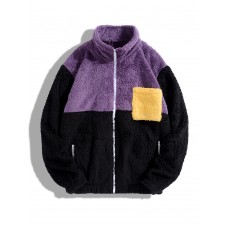 Men Contrast Color Teddy Plush Patch Pocket Zip Stand Color Jackets