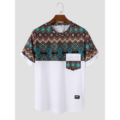 Mens Ethnic Geometric Print Stitching Crew Neck Short Sleeve T  Shirts