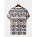 Mens Colorful Geometric Print Chest Pocket Ethnic Short Sleeve T  Shirts