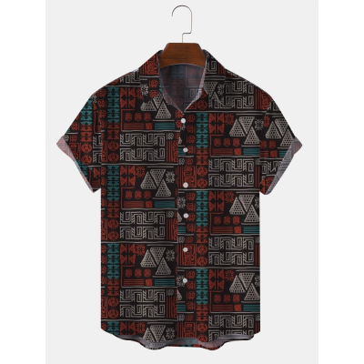 Mens Spliced Geometric Tribal Short Sleeve Regular Shirts